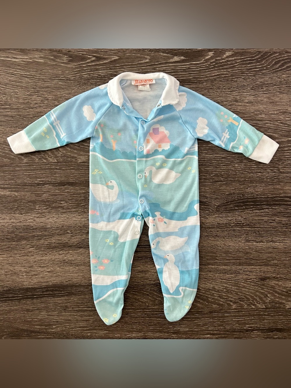 Vintage BabyGro Swan Goose Farm Scene Footie Sleeper Romper Baby Sz M 3-6 Month